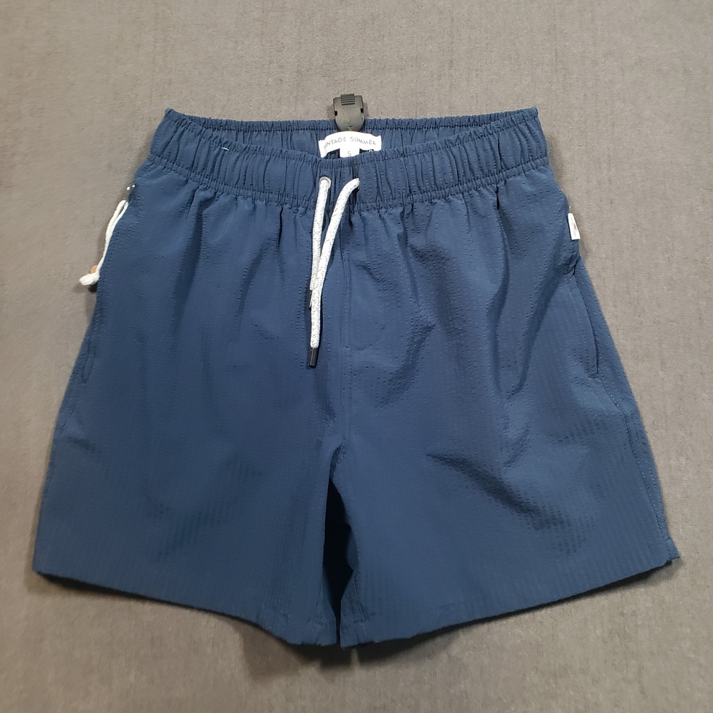 Vintage Summer Swim Trunks Mens Small Navy Blue Textured Seersucker V70704SET